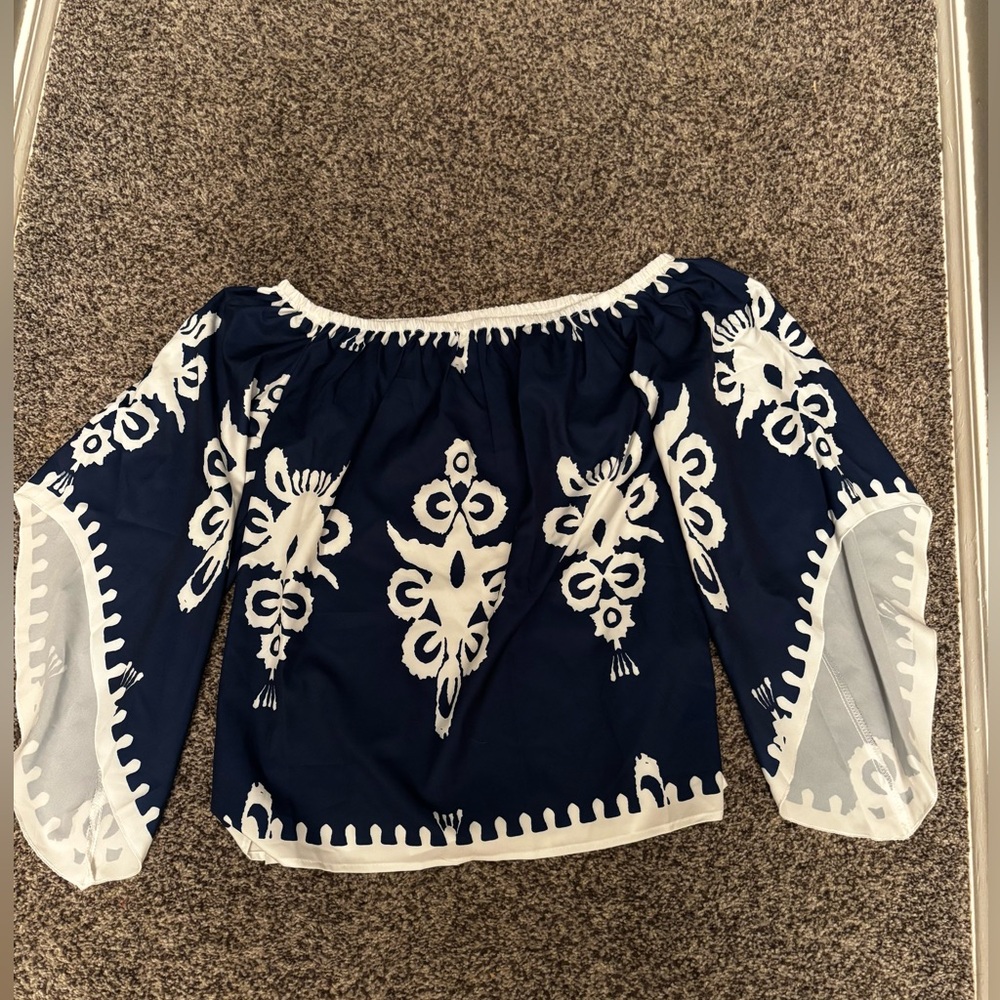 Women's S Small off the shoulder blue and white top shirt SHEIN